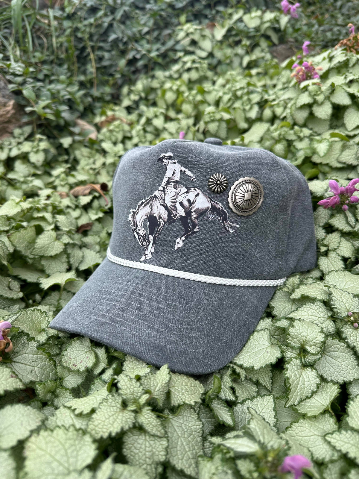 Vintage Bucking Horse Trucker Hat With Conchos: Blue