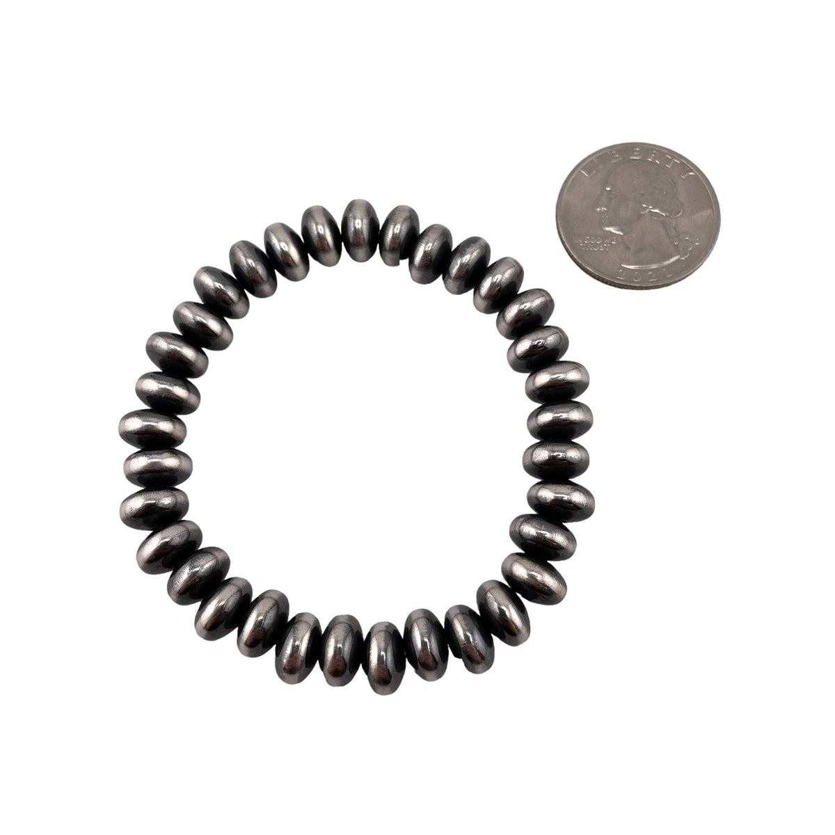 Sterling Silver Navajo Pearl Oxidize Saucer Bead Stretch Bracelet. Available from 3mm to 9mm: 5.5mm