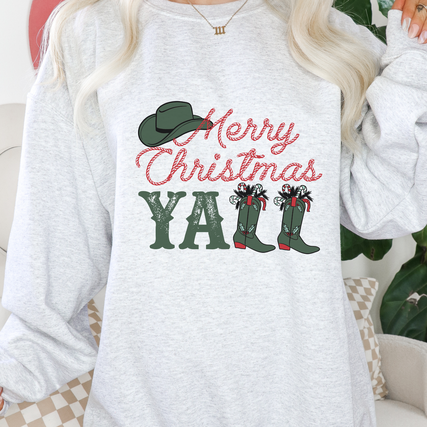 Cowboy Christmas Sweatshirt – Merry Christmas Y’all Boots Design