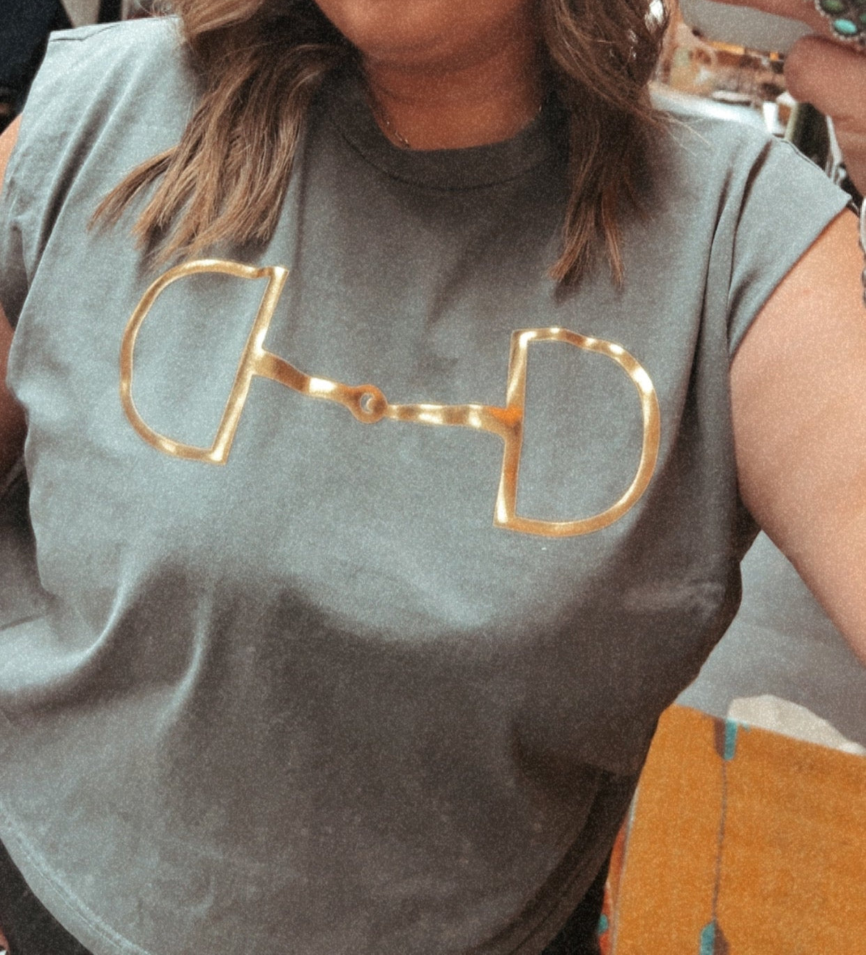 Washed Charcoal Gray/Black Muscle Crop Tee With Horse Bit Puffy Gold Vinyl Design