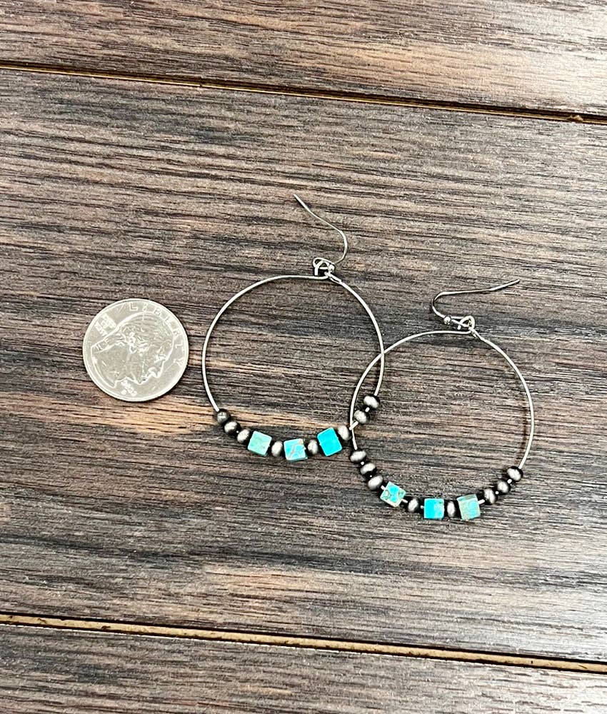 Handmade 1.75" Navajo Square Gemstone Hoop Earrings