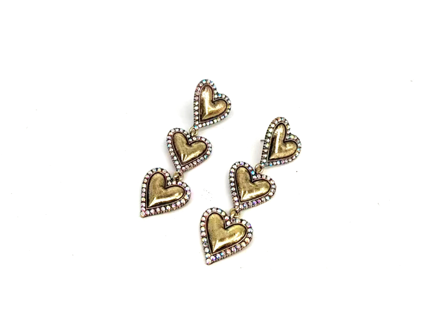 Western Crystal Stone 3 Heart Dangle Earrings: Silver
