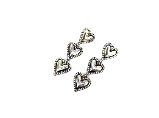 Western Crystal Stone 3 Heart Dangle Earrings: Silver