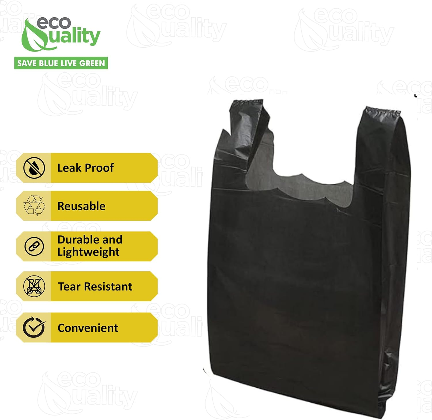EcoQuality Black Plastic Shopping Bags Large 12x6.5x22 Inches: 600pcs