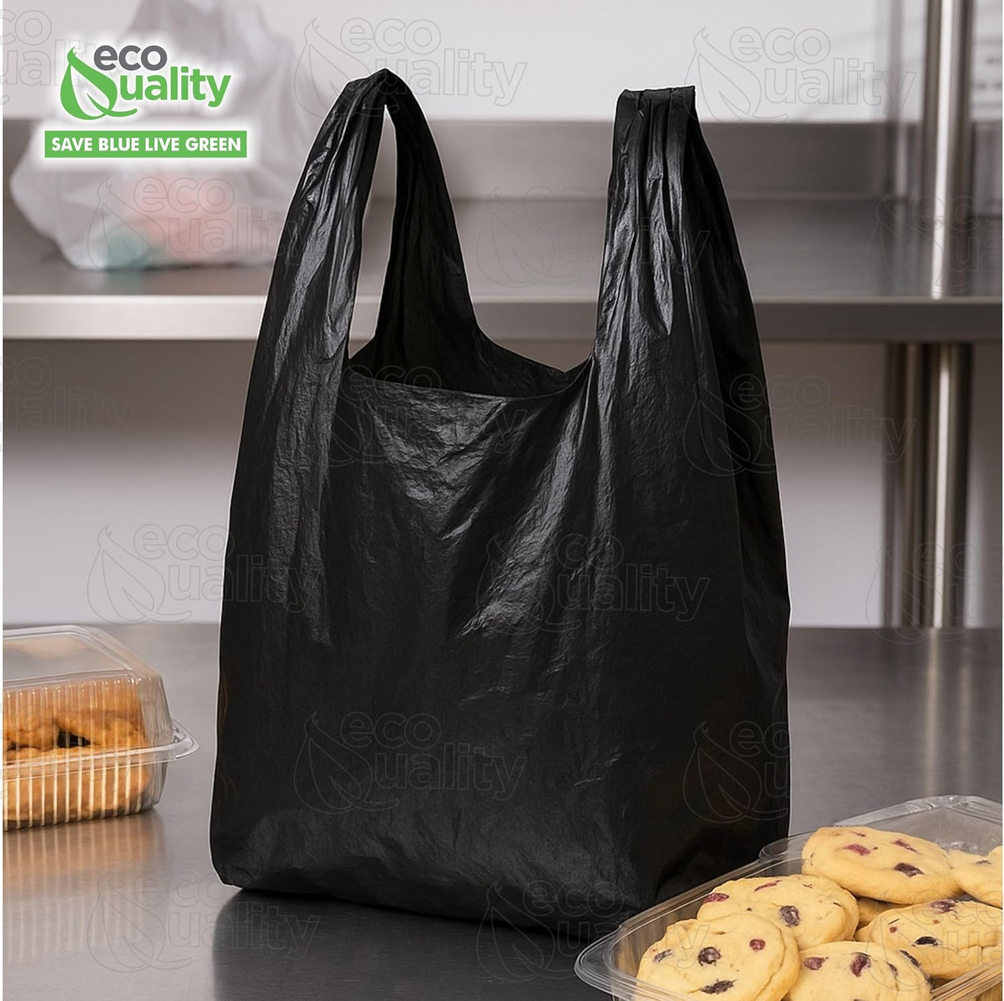 EcoQuality Black Plastic Shopping Bags Large 12x6.5x22 Inches: 600pcs