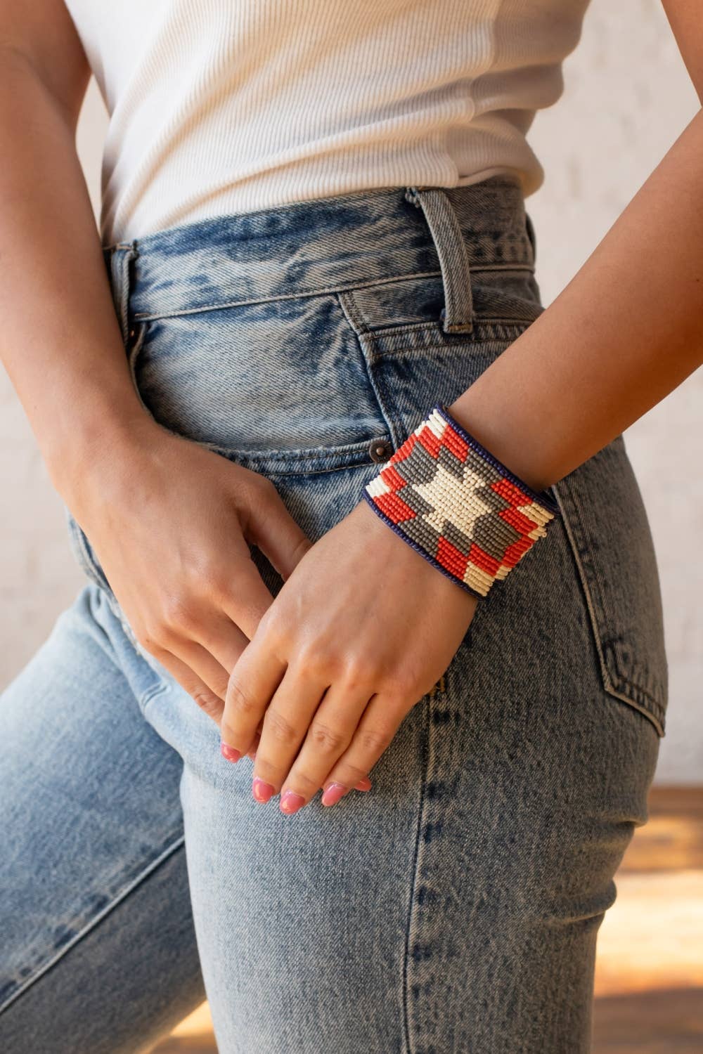 Blue, Orange & Cream Beaded Cuff