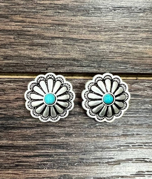 0.8" Brass Concho Turquoise Stud Earrings