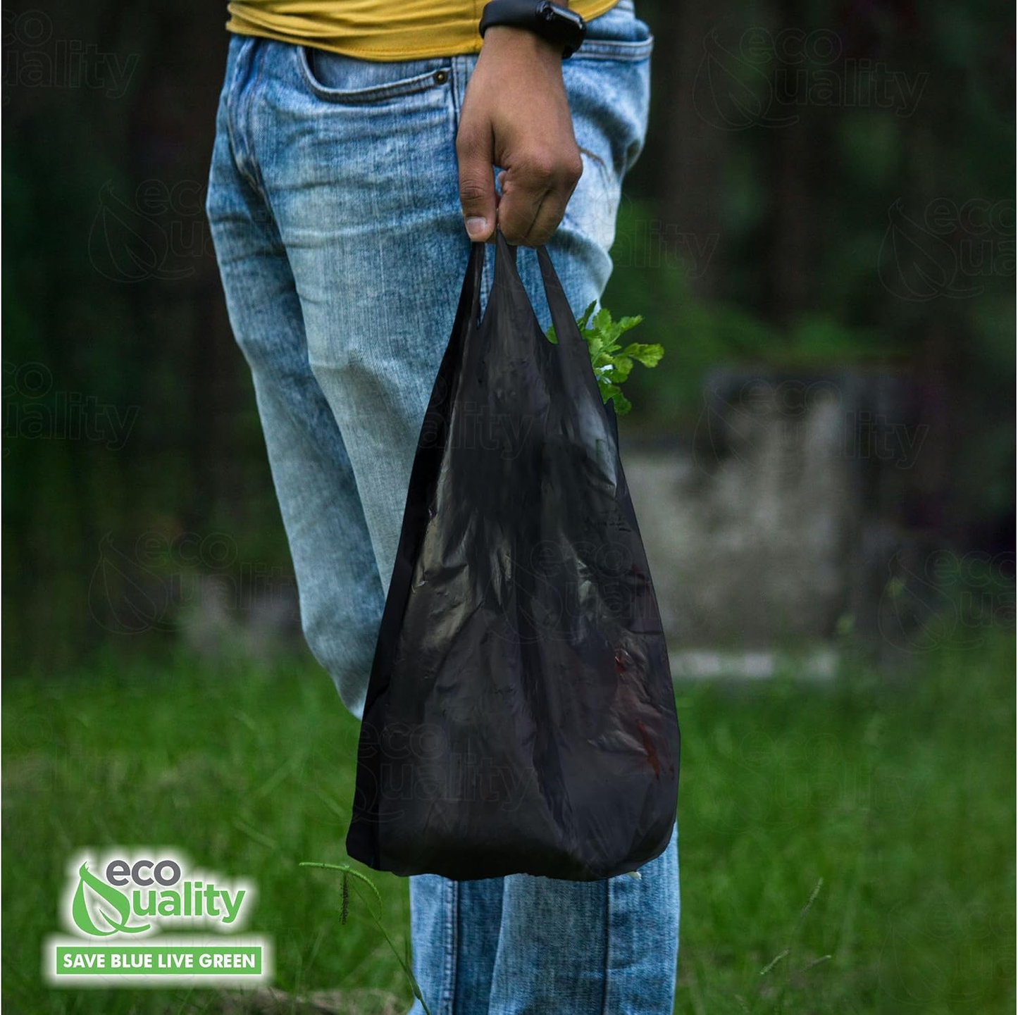 EcoQuality Black Plastic Shopping Bags Large 12x6.5x22 Inches: 600pcs