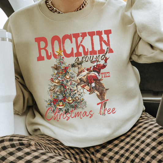 Rockin’ Around the Christmas Tree Cowboy Santa Sweatshirt – Western Holiday Crewneck
