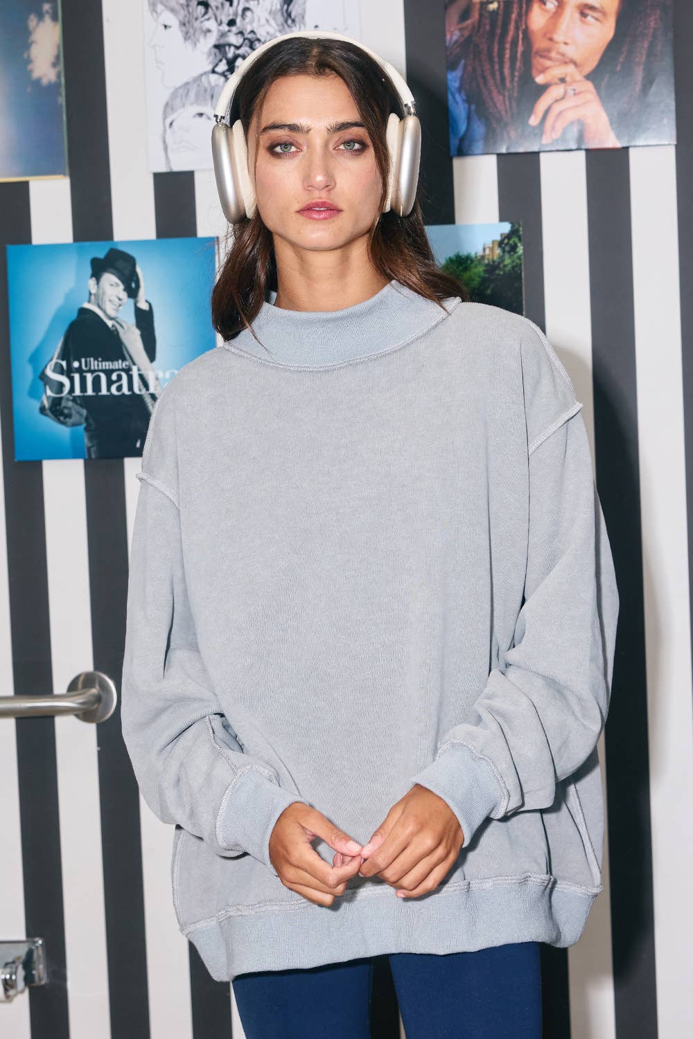 IT2594-3 | Vintage Wash Print Mock Neck Oversized Sweatshirt: SAGE / S/M-L/XL (3-3)