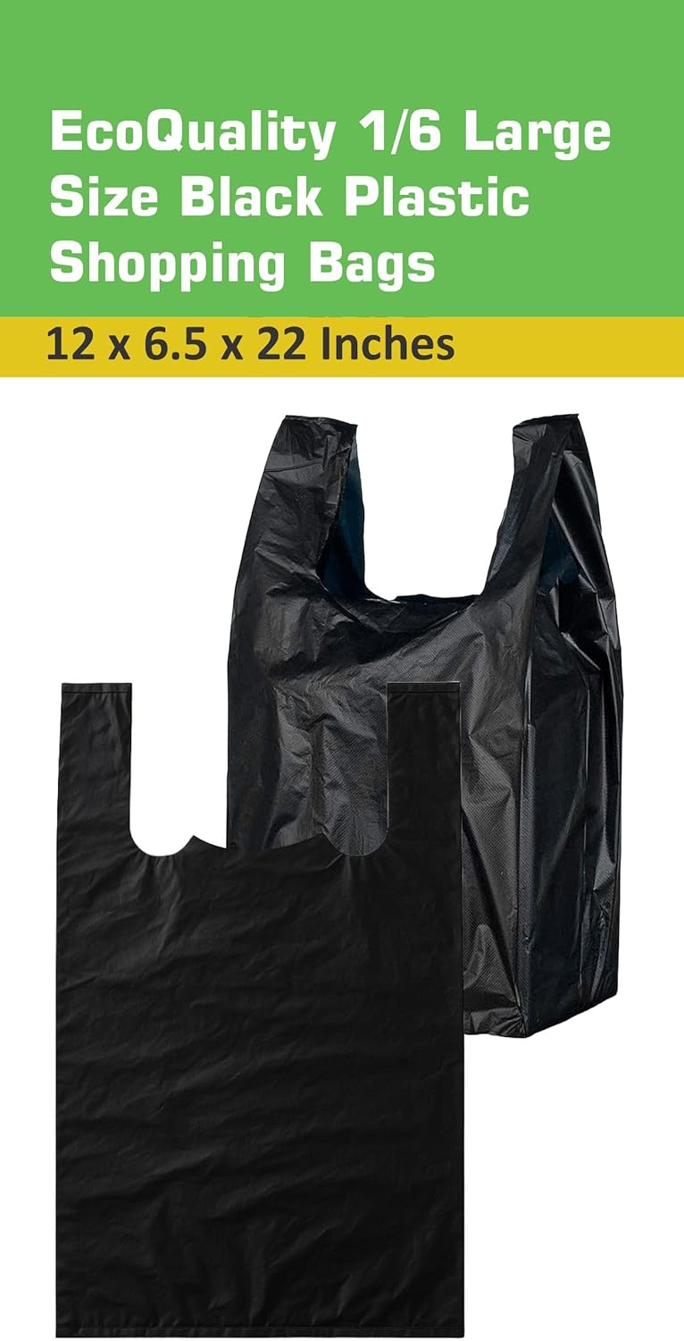 EcoQuality Black Plastic Shopping Bags Large 12x6.5x22 Inches: 600pcs