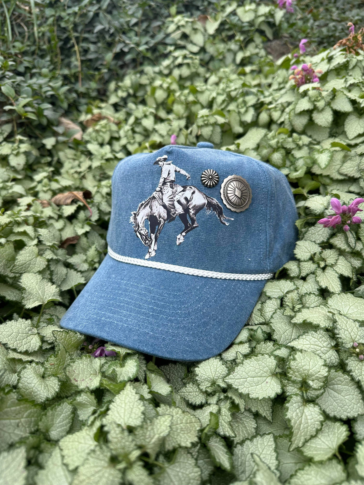 Vintage Bucking Horse Trucker Hat With Conchos: Blue