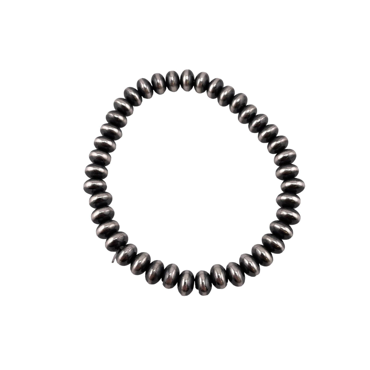 Sterling Silver Navajo Pearl Oxidize Saucer Bead Stretch Bracelet. Available from 3mm to 9mm: 5.5mm