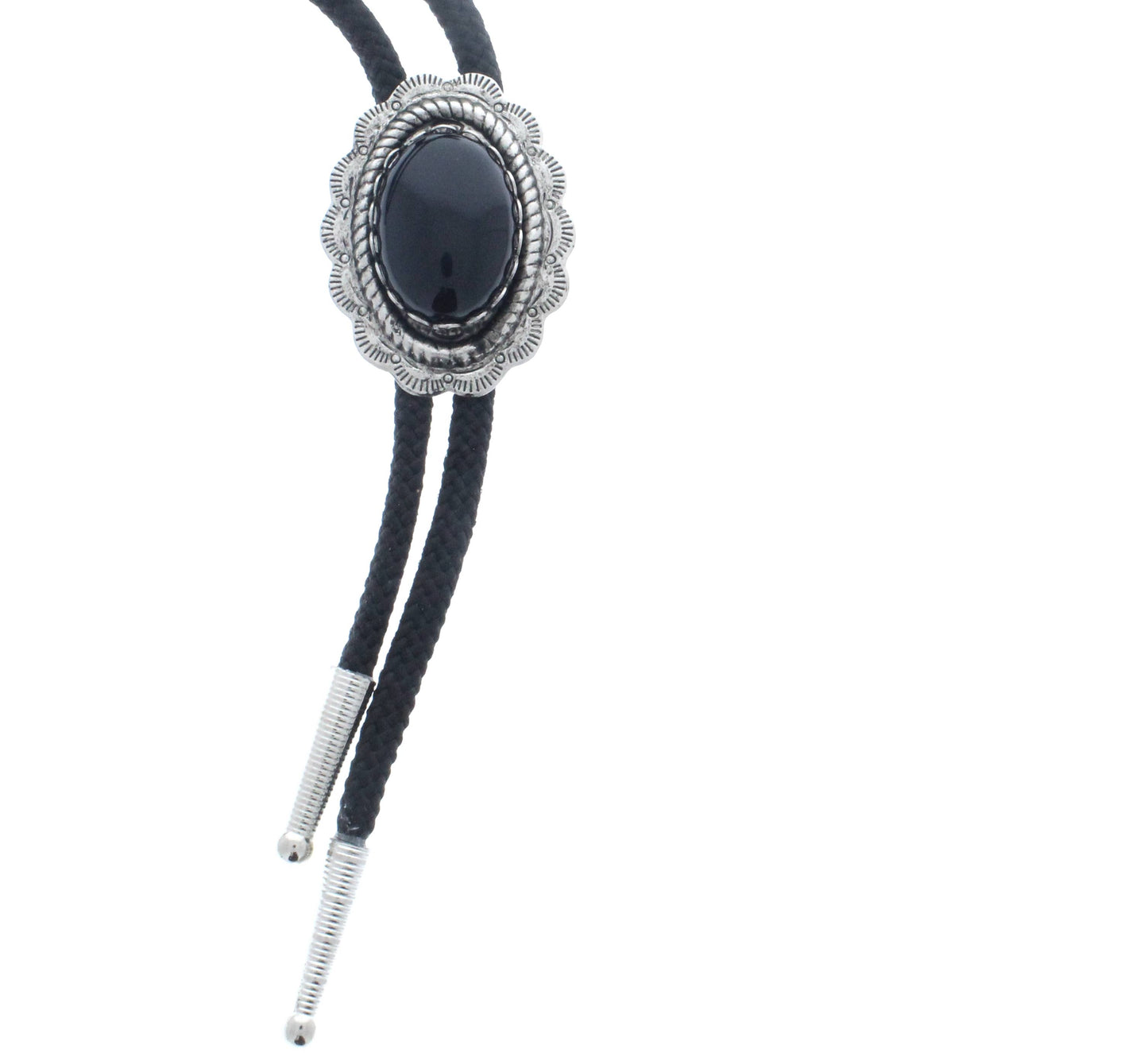 Oval Western pendant  Bolo, Black cord silver tips