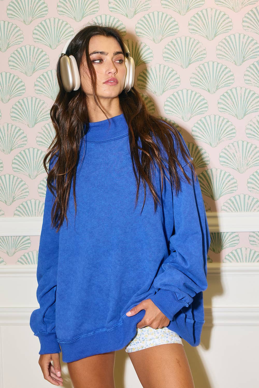 IT2594-3 | Vintage Wash Print Mock Neck Oversized Sweatshirt: SAGE / S/M-L/XL (3-3)