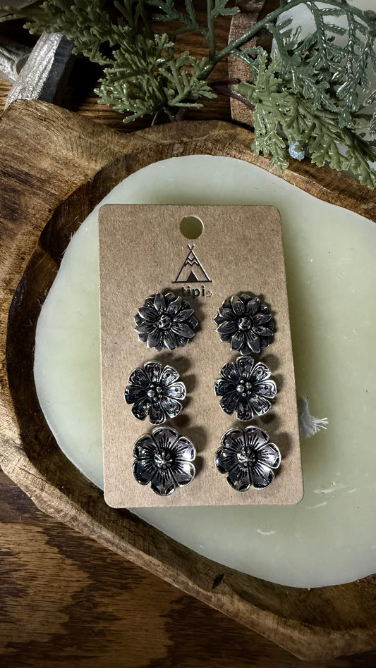 Western Flower Concho 3 Pair Post Earring Set