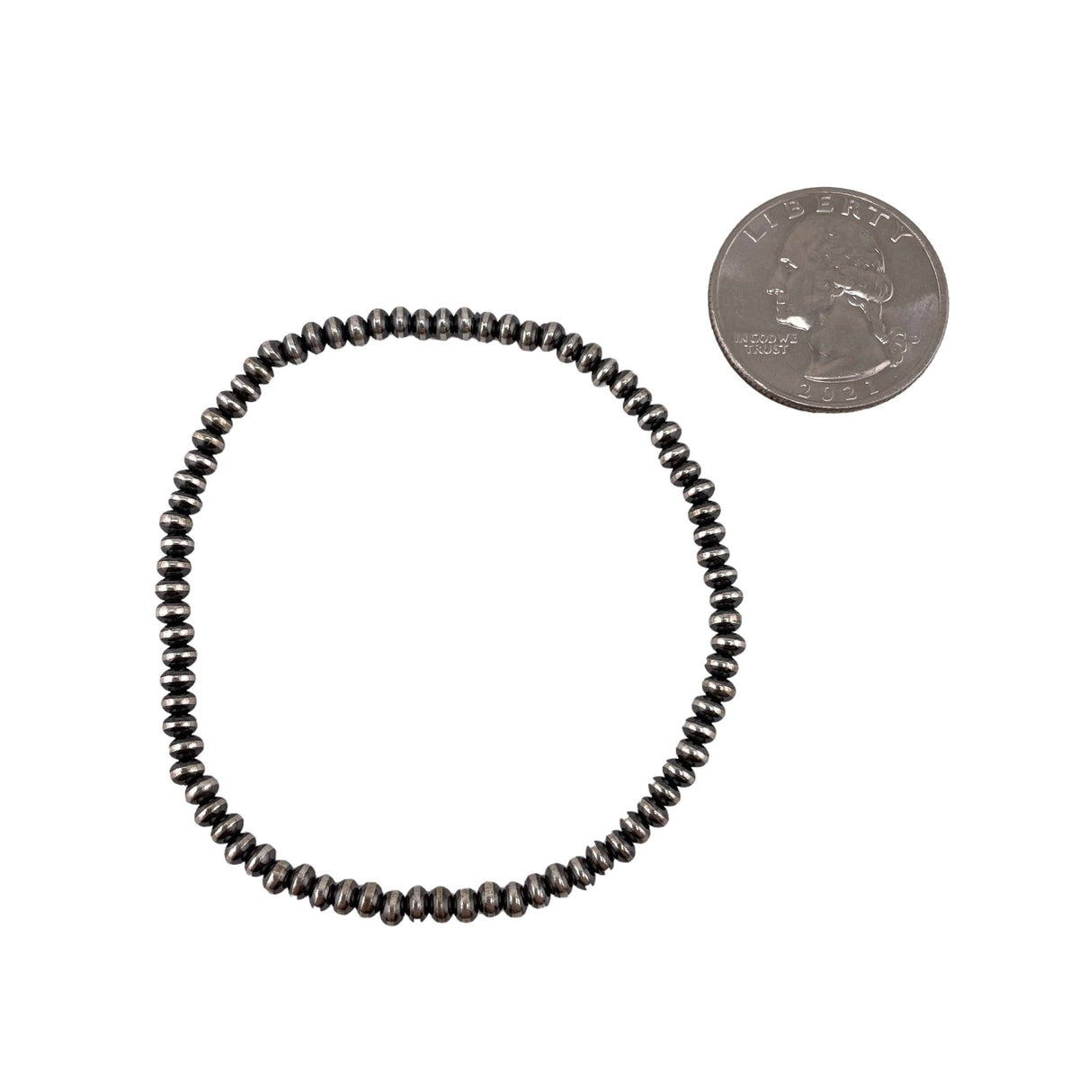Sterling Silver Navajo Pearl Oxidize Saucer Bead Stretch Bracelet. Available from 3mm to 9mm: 5.5mm