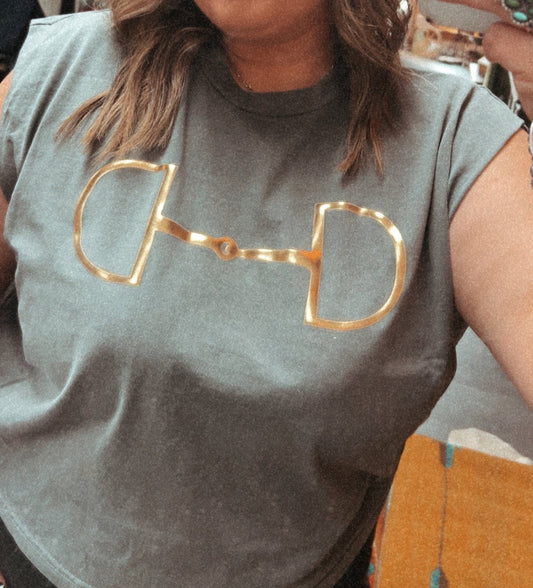 Washed Charcoal Gray/Black Muscle Crop Tee With Horse Bit Puffy Gold Vinyl Design