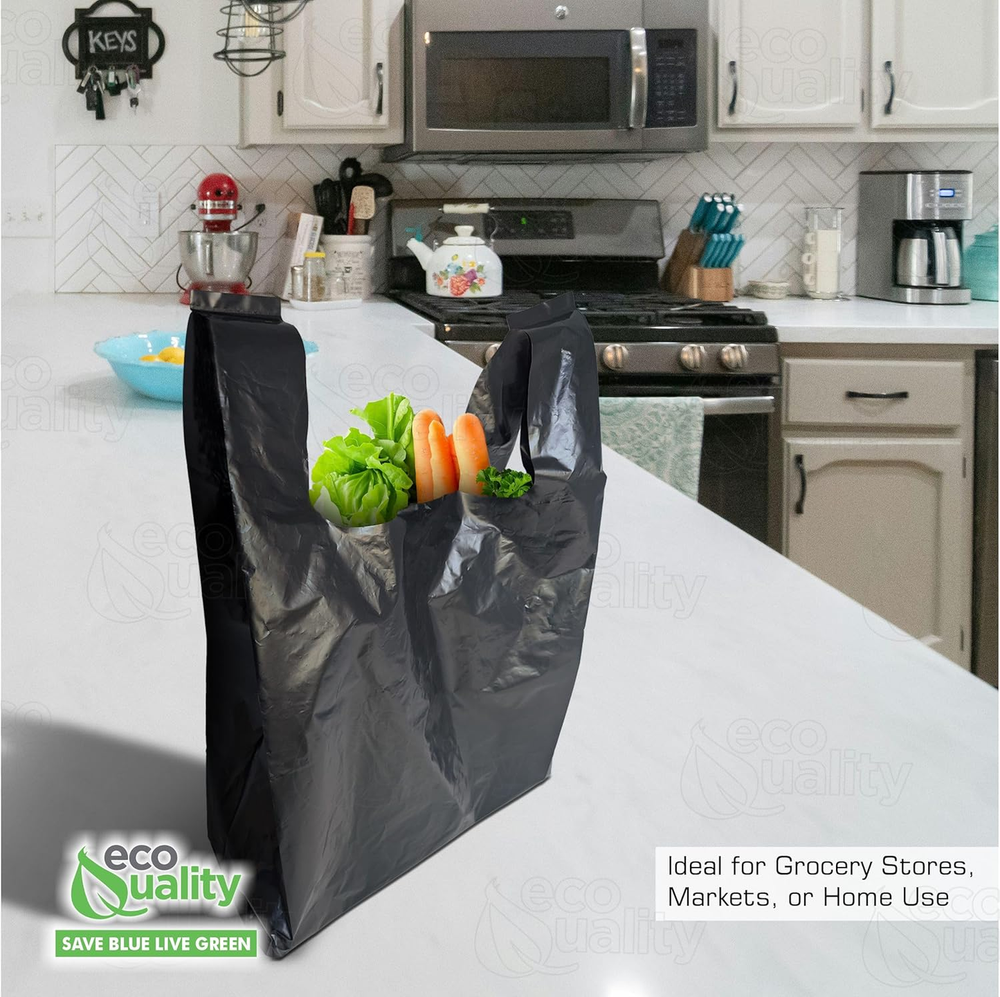 EcoQuality Black Plastic Shopping Bags Large 12x6.5x22 Inches: 600pcs