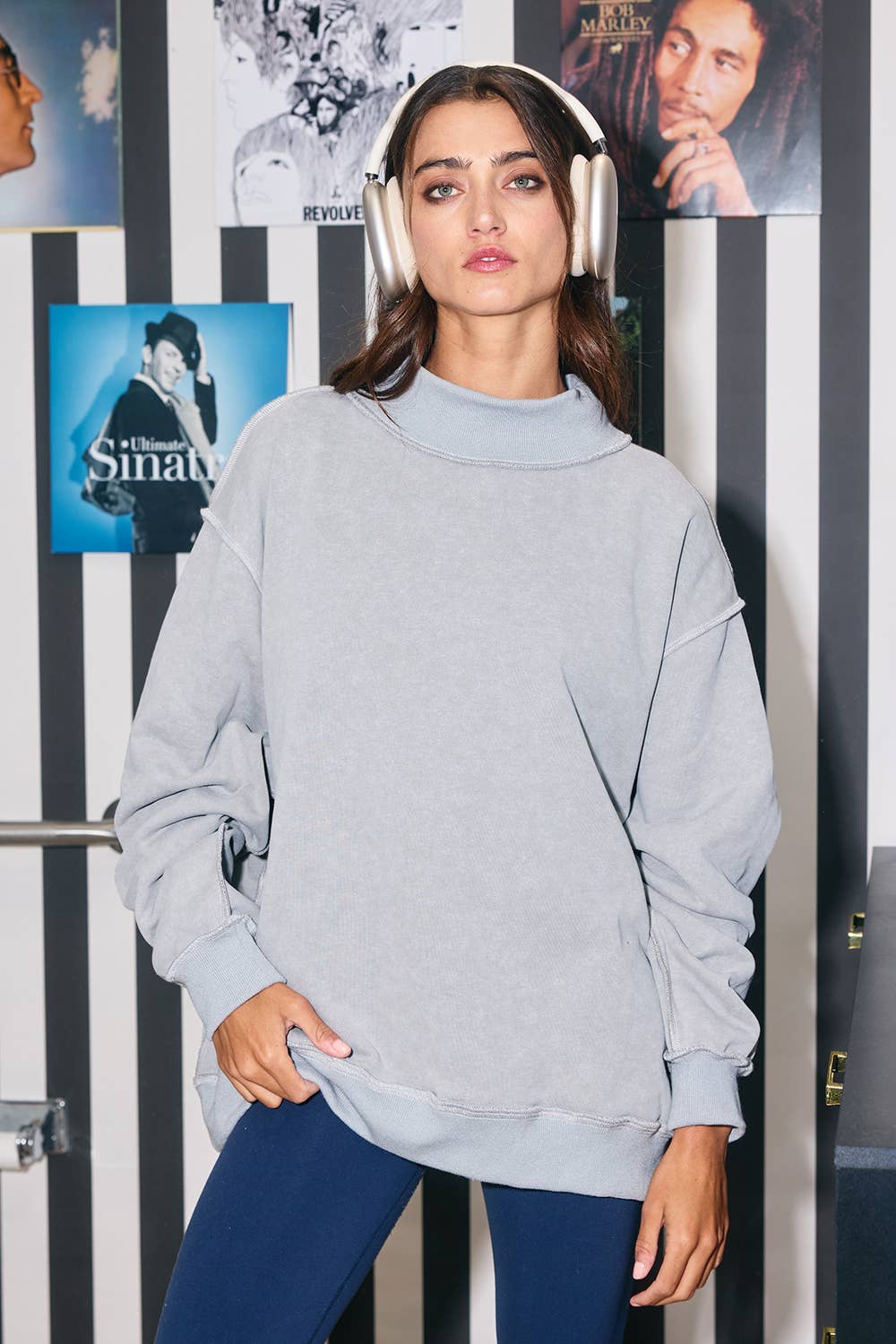 IT2594-3 | Vintage Wash Print Mock Neck Oversized Sweatshirt: SAGE / S/M-L/XL (3-3)