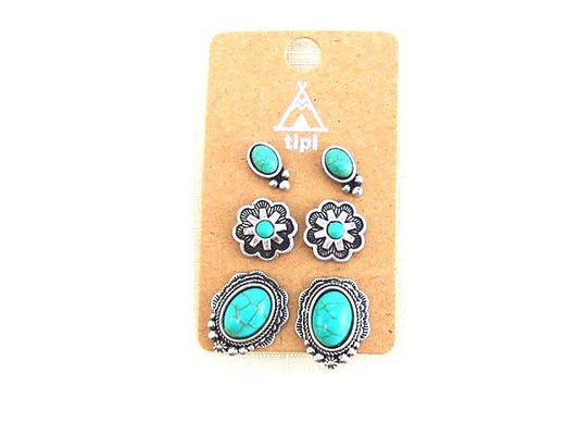Western 3 Pair Turquoise Earring Set: TURQUOISE