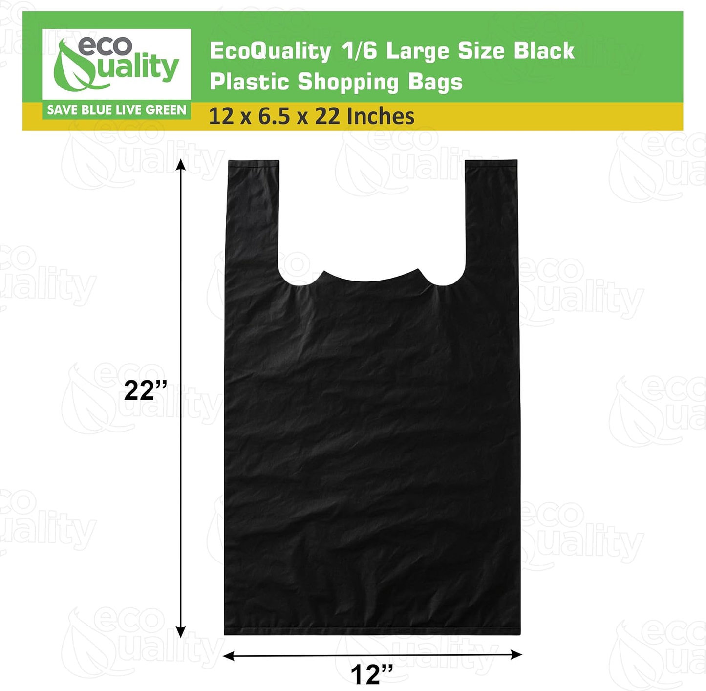 EcoQuality Black Plastic Shopping Bags Large 12x6.5x22 Inches: 600pcs