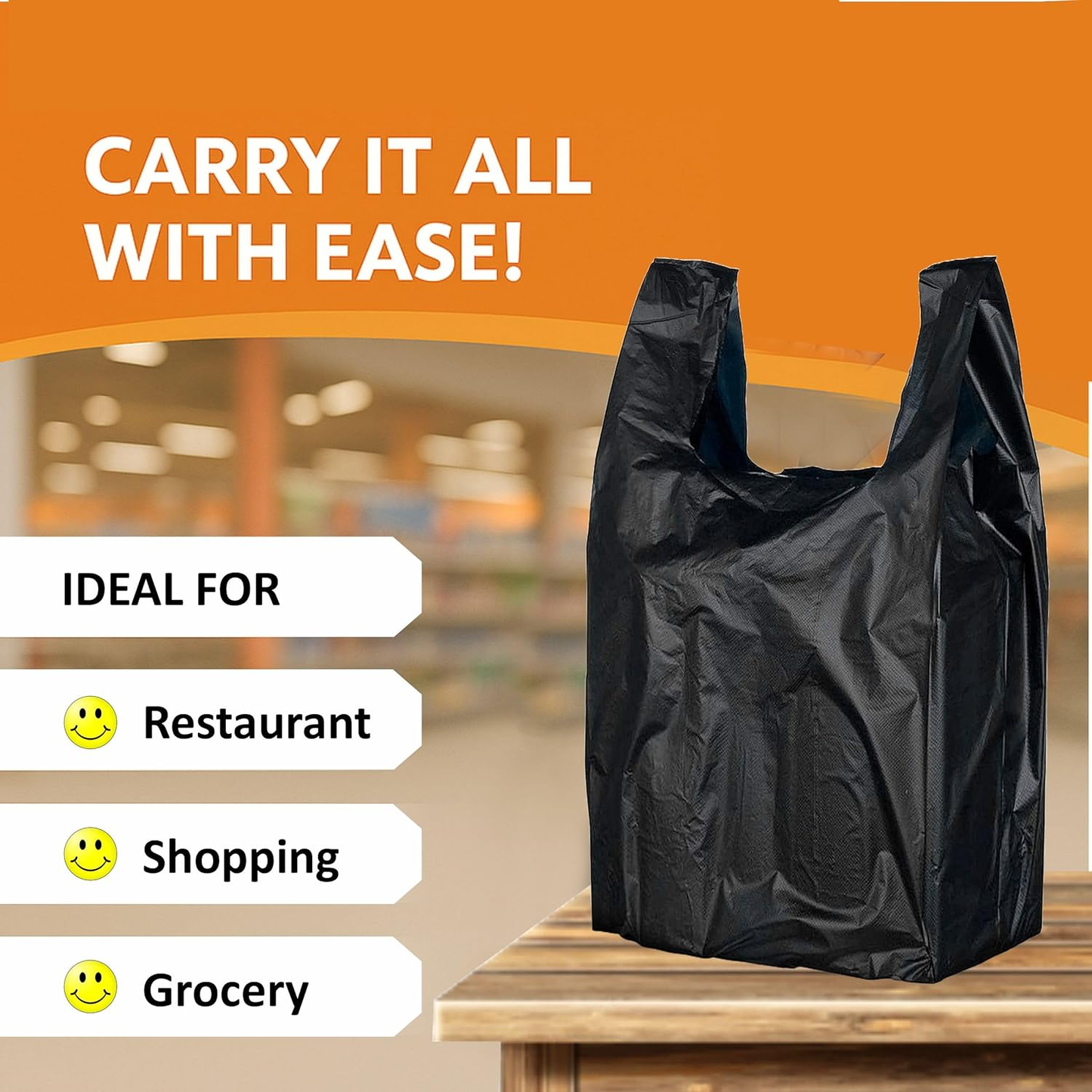 EcoQuality Black Plastic Shopping Bags Large 12x6.5x22 Inches: 600pcs