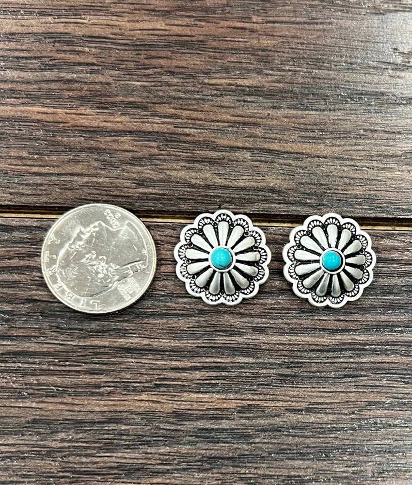 0.8" Brass Concho Turquoise Stud Earrings