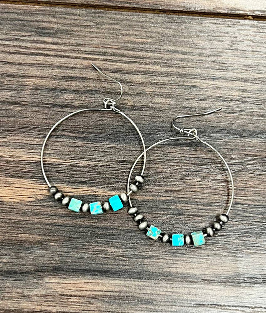 Handmade 1.75" Navajo Square Gemstone Hoop Earrings