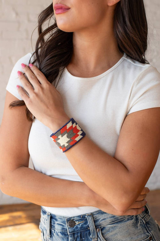 Blue, Orange & Cream Beaded Cuff